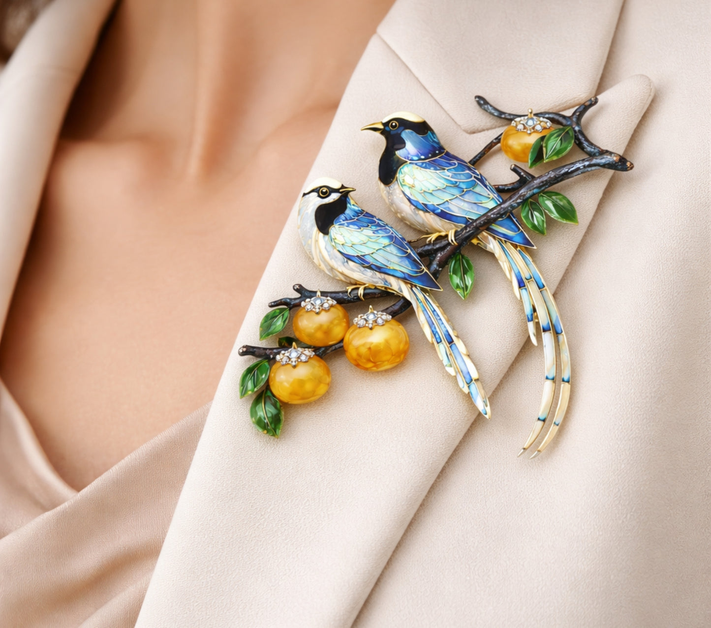 Luxury 18K gold enamel bird brooch worn on a cream lapel, featuring blue and white enamel songbirds, lepidolite persimmons, diamonds, chalcedony leaves, and ebony wood.