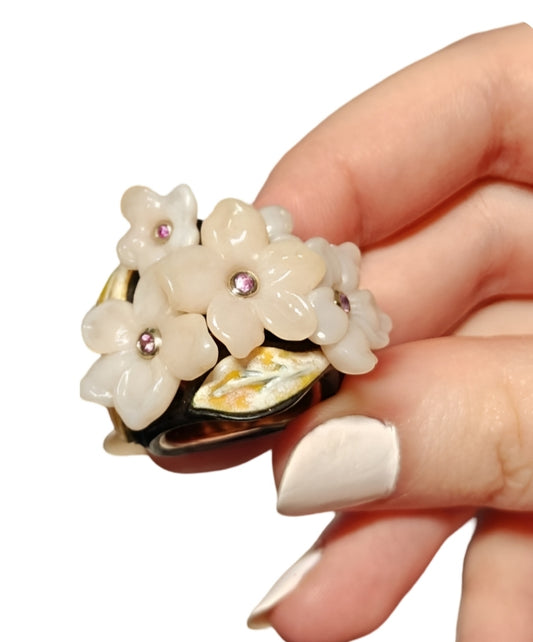 Hand-carved pink opal flowers with 0.2K pink sapphires set in 18K white gold, with hot enamel detailing and ebony wood outer base, Konforti Jewelry fine art ring