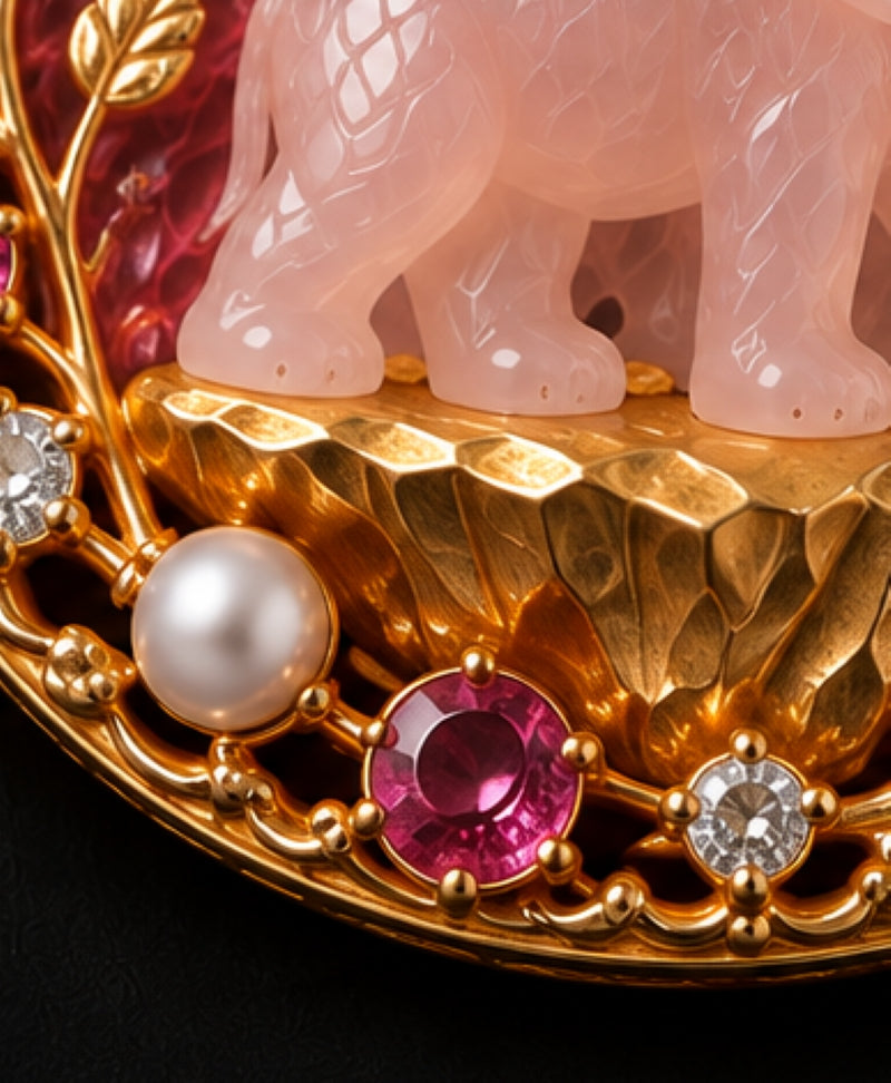 Close-up of Rose of Fortune pendant with pink sapphire, diamond, pearl and sculpted 18K yellow gold details