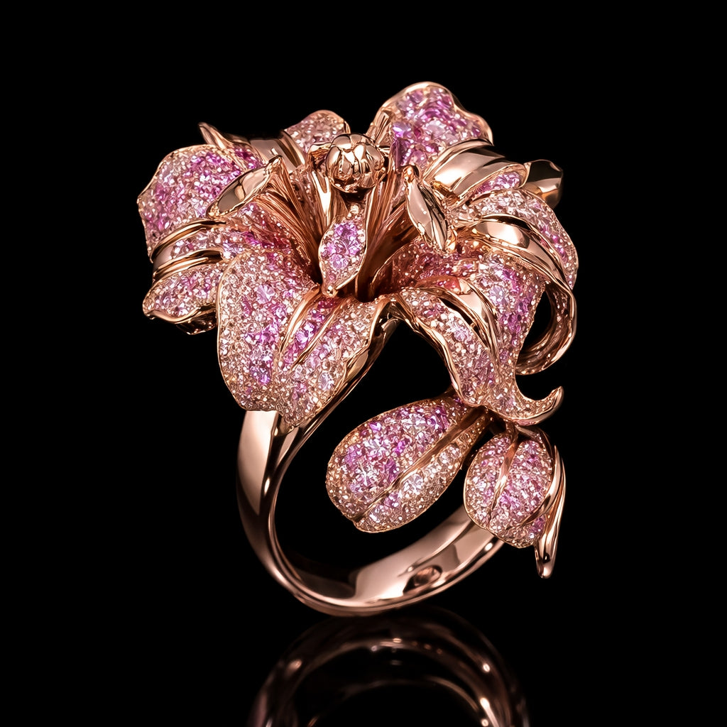 Blushing Bloom pink and peach sapphire floral cocktail ring in 14K rose gold with pavé-set petals and sculptural design