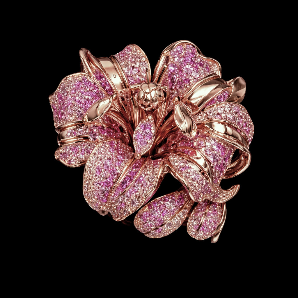 Top view of Blushing Bloom sapphire flower ring in 14K rose gold showing pavé-set pink and peach sapphires and sculptural petals