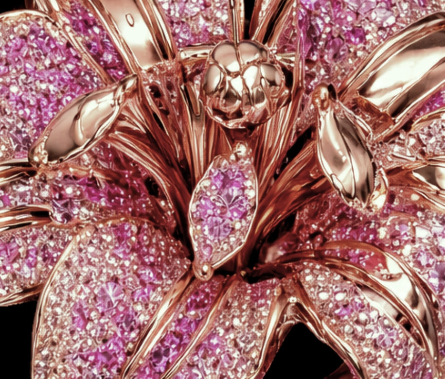 Close-up of Blushing Bloom ring center showing sculptural stamens and pavé-set pink and peach sapphires in 14K rose gold