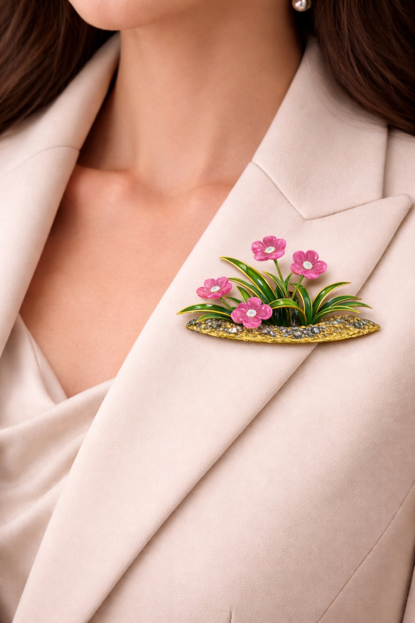 Luxury 18K gold pink tourmaline and diamond floral brooch worn on a cream lapel, showcasing hot enamel leaves and a sculptural garden-inspired design.