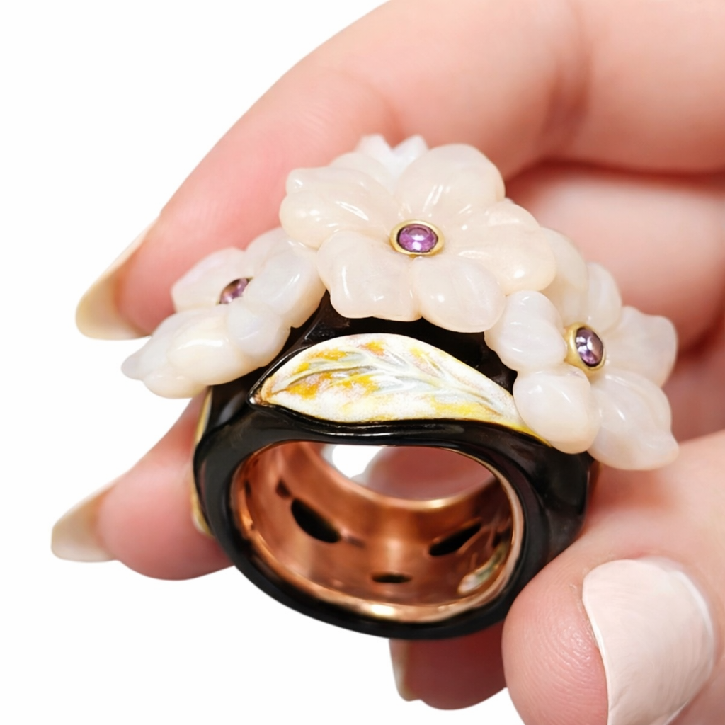 Luxury Pink Sakura floral ring with carved pink opal blossoms and pink sapphire centers in gold setting on ebony wood band Konforti Jewelry