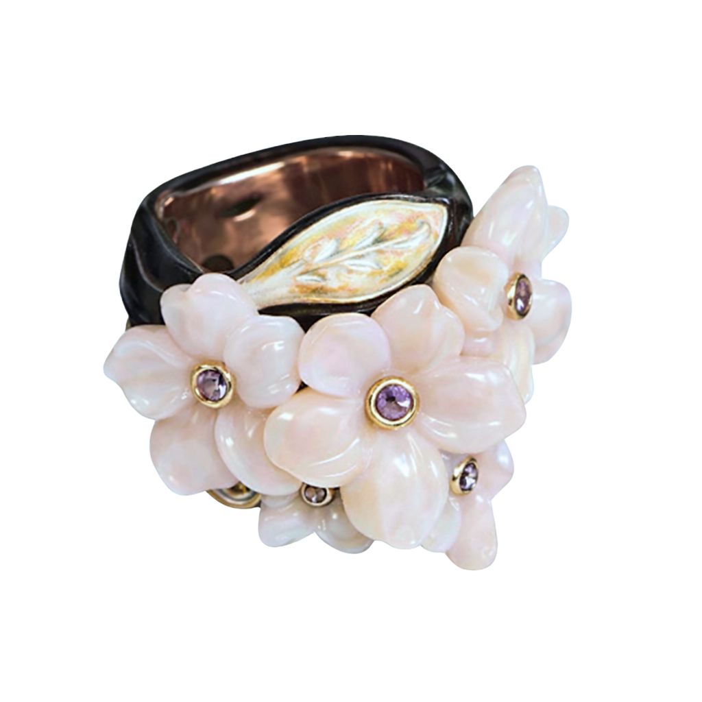 Pink Sakura ring by Konforti Jewelry with hand carved pink opal flowers and pink sapphire centers set in gold on ebony wood band from Stone Garden Collection