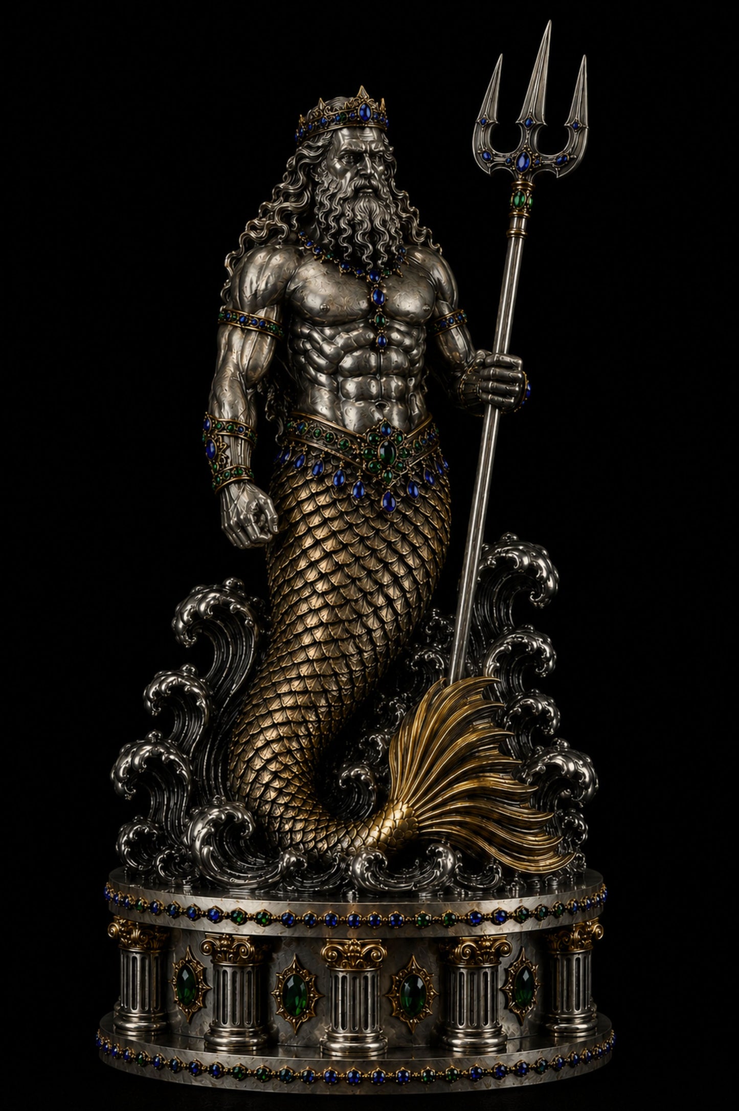 A detailed resin statue of poseidon, the greek god of the sea, depicted as a merman with a gold and silver textured tail, holding a trident. The figure is adorned with a crown and jewelry, standing on stylized waves atop a decorative columned base, set against a solid black background.