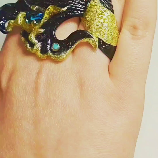 Luxury betta fish ring in 960 silver with blue topaz and opal gemstones, handcrafted Limoges enamel Ocean Duet by Konforti Jewelry.
