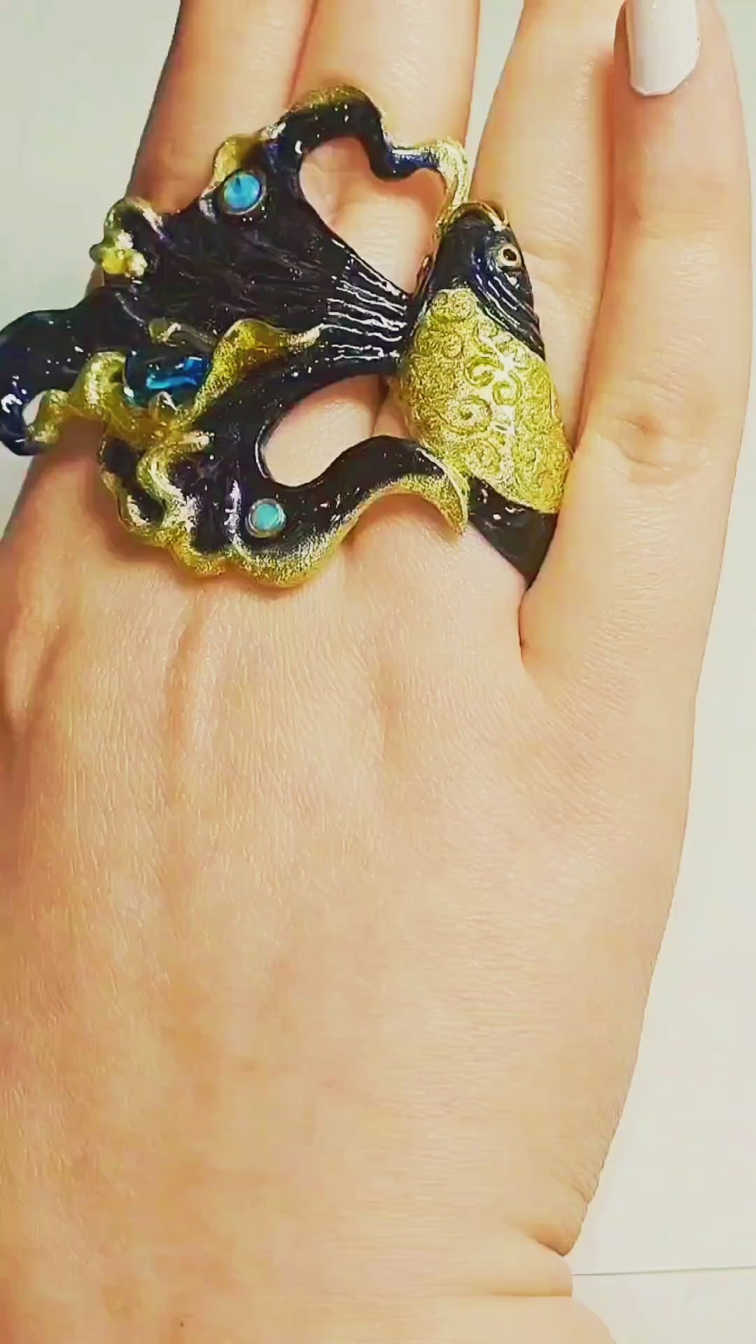 Luxury betta fish ring in 960 silver with blue topaz and opal gemstones, handcrafted Limoges enamel Ocean Duet by Konforti Jewelry.