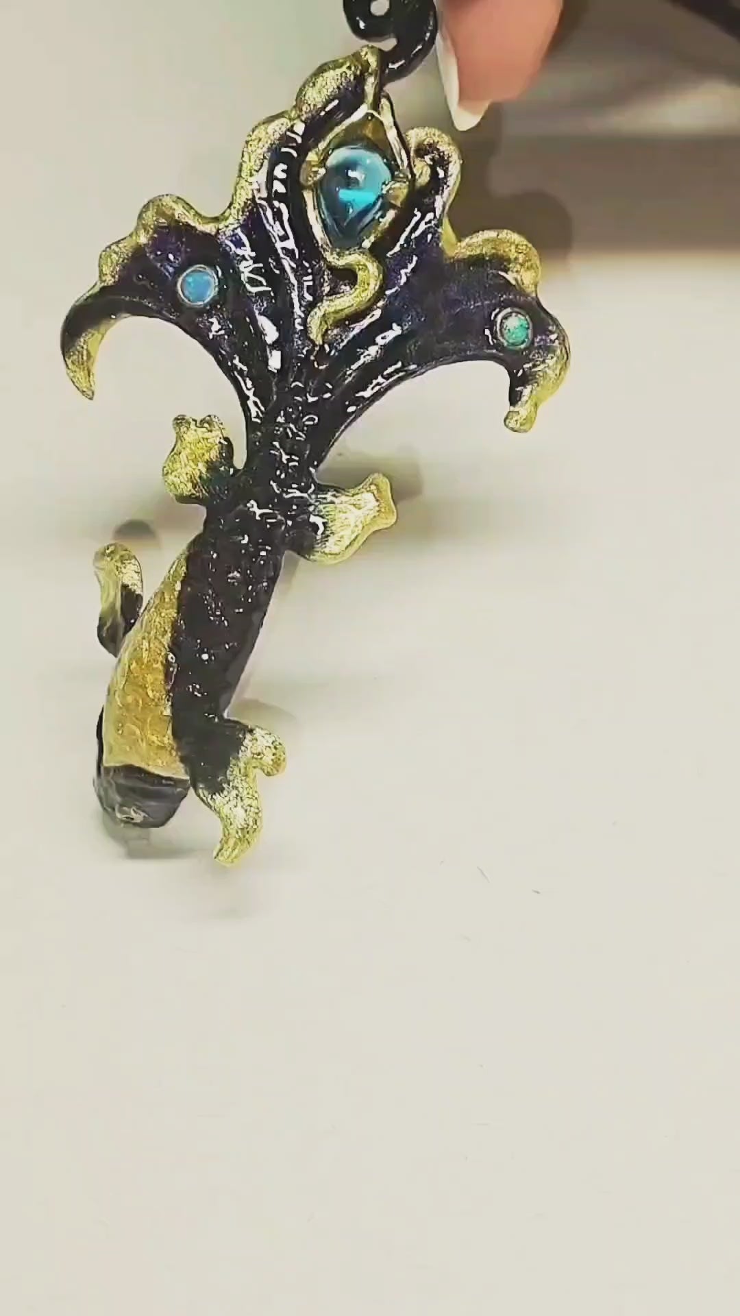 Luxury betta fish pendant in 960 silver with blue topaz and opal gemstones, handcrafted Limoges enamel Ocean Duet by Konforti Jewelry.