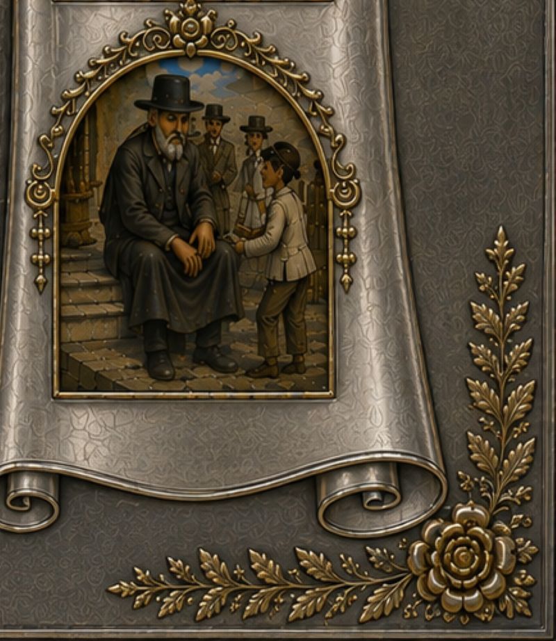 Purim Judaica detail depicting Matanot La'Evyonim, the mitzvah of giving gifts to those in need, framed by sterling silver and gilt decoration.