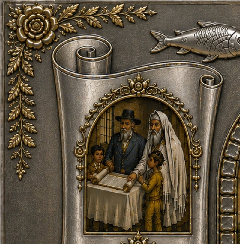 Oil painting on kosher parchment depicting a Jewish family in a synagogue during the reading of Megillat Esther, framed by sterling silver and gilt ornamentation.