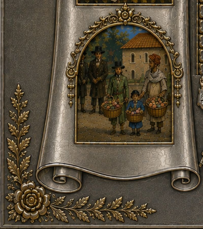 Oil painting on kosher parchment depicting the festive Purim tradition of wearing costumes, surrounded by ornate sterling silver and 24K gold gilt decoration.