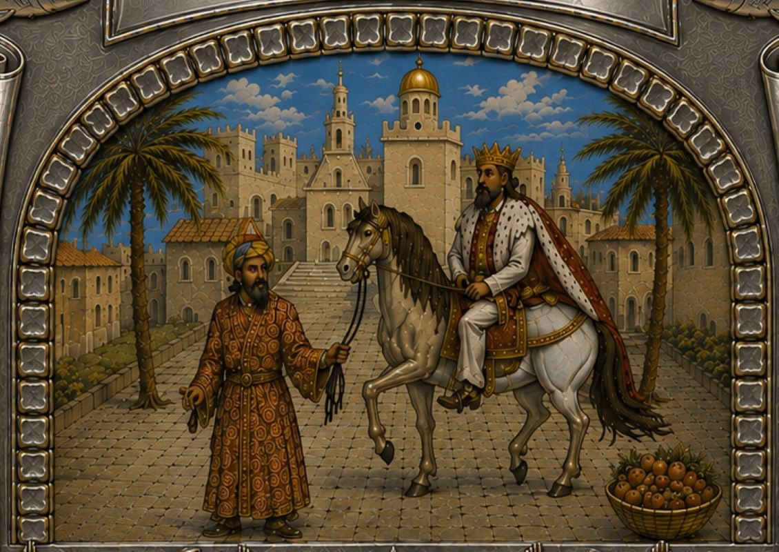 A medieval-style painted scene framed by an ornate stone border. A crowned king in white and red robes rides a white horse while a servant in an orange patterned robe stands beside him.