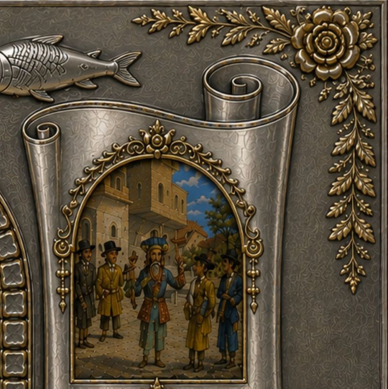 Oil painting on kosher parchment depicting the festive Purim tradition of wearing costumes, surrounded by ornate sterling silver and 24K gold gilt decoration.