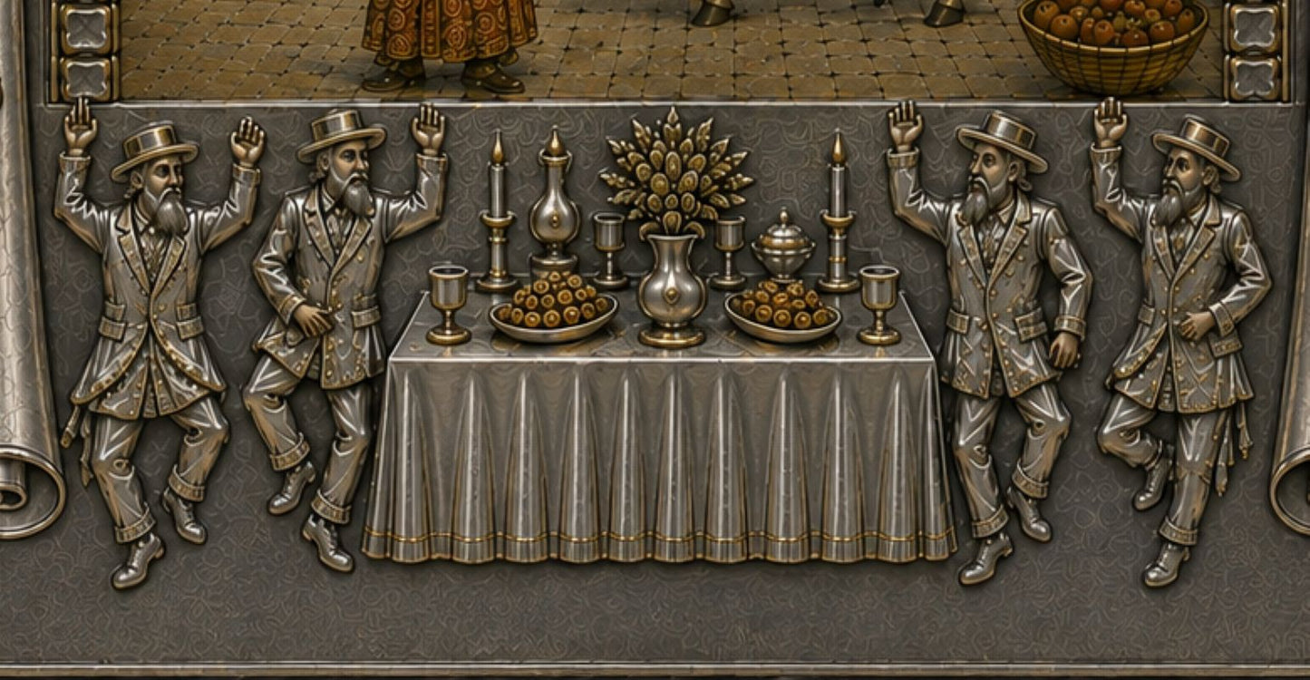 Sculptural sterling silver detail depicting Jewish men dancing around a festive Purim Seudah table with vessels, candles, flowers and food.