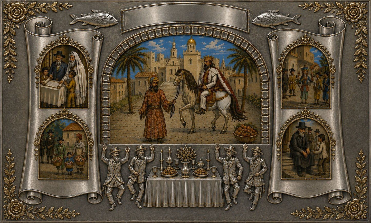 Monumental Purim Judaica wall art in hammered sterling silver and 24K gold gilt with oil paintings on kosher parchment depicting the Book of Esther and Purim traditions.