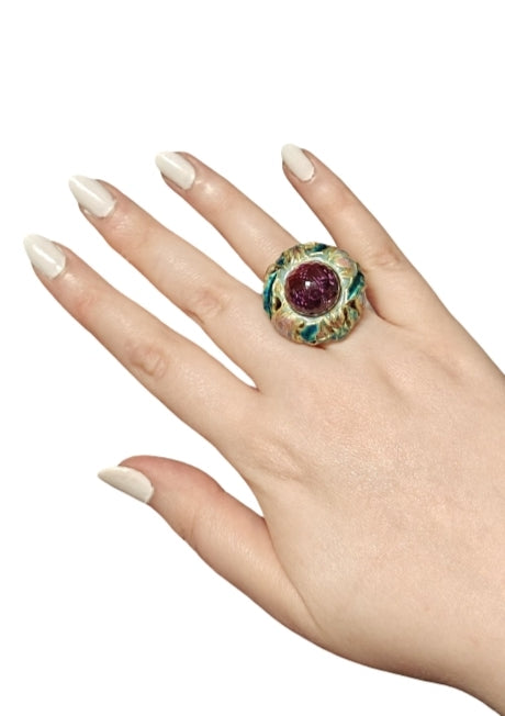 Purple Burdock ring from the Stone Garden Collection, crafted in 18K yellow gold with pear-shaped amethyst and hot enamel paintings by Konforti Jewelry