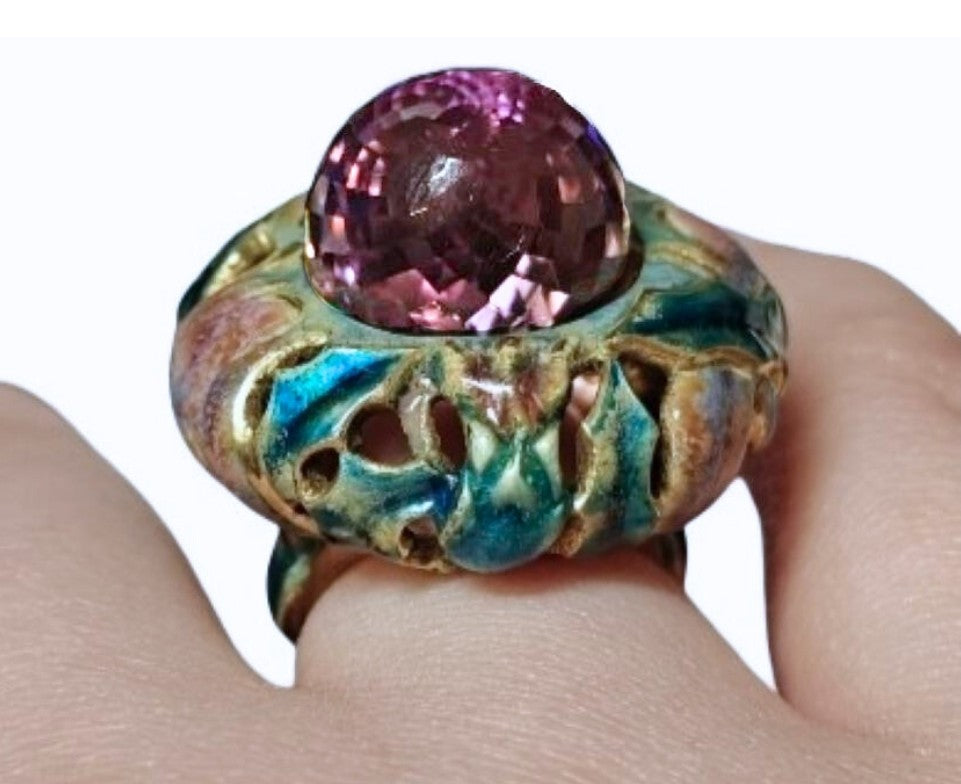 Different angle of the Purple Thistle ring worn on the hand, highlighting the layered Limoges-style enamel over the 27.8ct amethyst briolette and the glowing white sapphires beneath it.