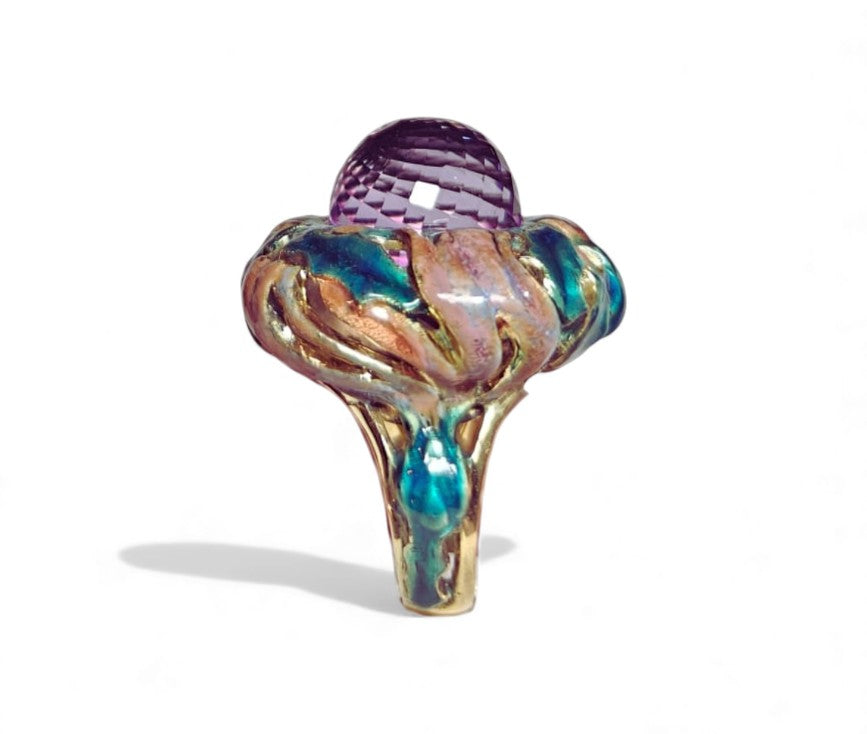 Side view of the Purple Thistle ring emphasizing the depth of the pear-shaped amethyst briolette, the layered enamel work, and the brilliance of the white sapphires beneath it.