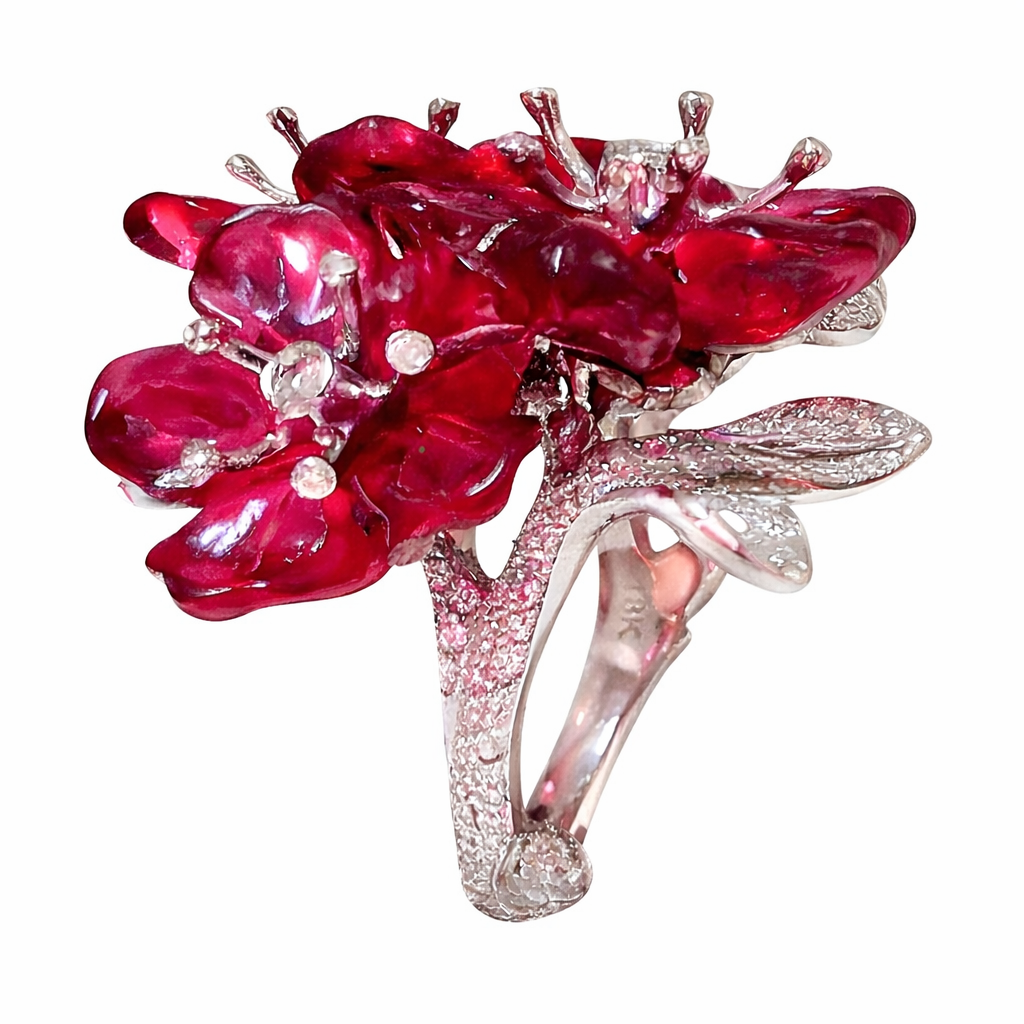 Hand carved ruby cherry blossom Red Sakura ring with diamonds in rhodium plated 18K white gold by Konforti Jewelry from the Stone Garden Collection