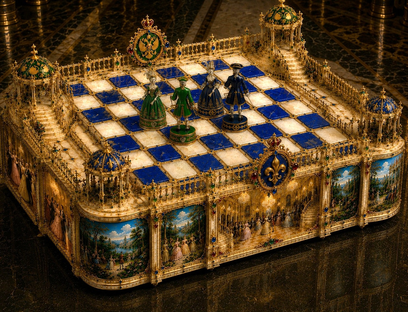 The Ball chess set transformed into a Rococo ballroom scene celebrating French and Russian imperial court culture