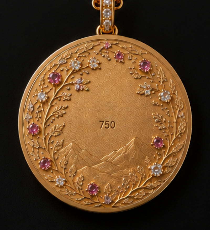 Reverse of Rose of Fortune 18K yellow gold pendant with mountain landscape, pink gemstones, diamonds and botanical ornament