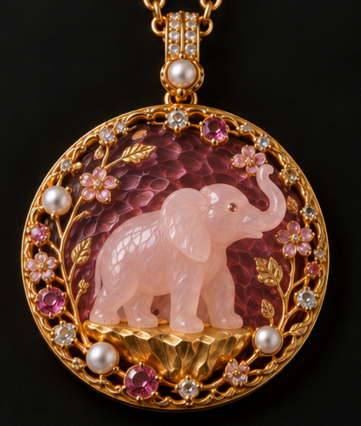Rose of Fortune 18K yellow gold pendant with hand-carved rose quartz elephant, pink enamel, sapphires, diamonds and pearls