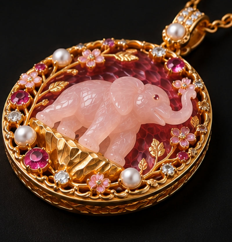 Angled view of Rose of Fortune rose quartz elephant pendant in 18K yellow gold with pink enamel, gemstones and pearls