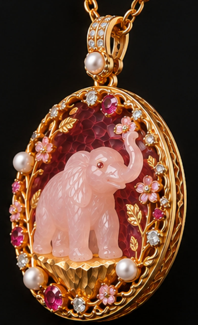 Angled view of Rose of Fortune 18K gold elephant pendant with carved rose quartz, pink sapphires, diamonds and pearls
