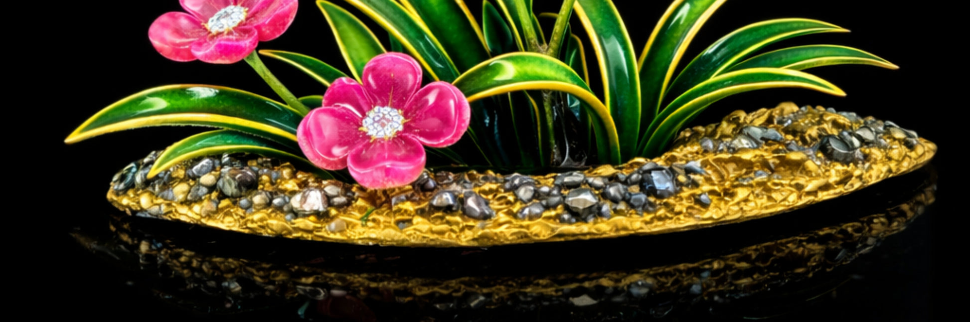 Close-up of the textured garden base adorned with rough natural diamonds and sculpted 18K gold, inspired by Japanese rock gardens in the Blooming Harmony brooch.