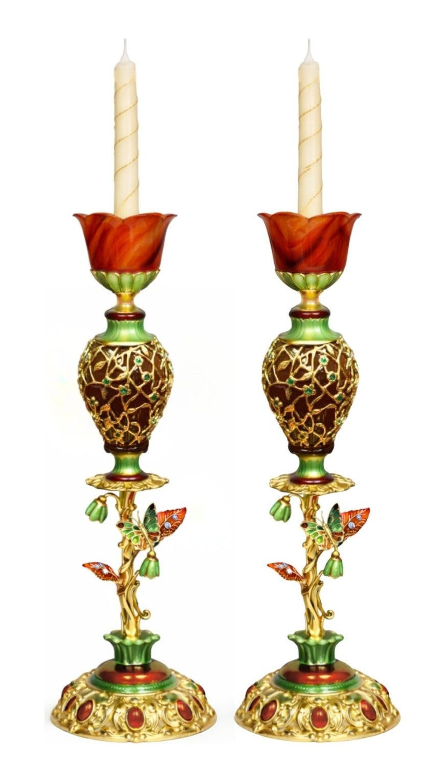 Royal Bouquet Imperial Candlesticks in 18K Gold, Agate, Diamonds- Konforti