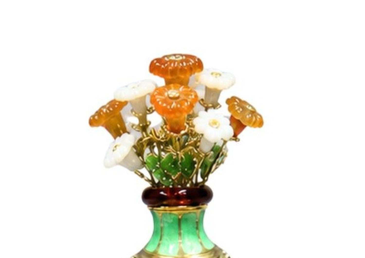 Top bouquet view of carved gemstone flowers in agate and jade with diamond centers in Royal Bouquet centerpiece