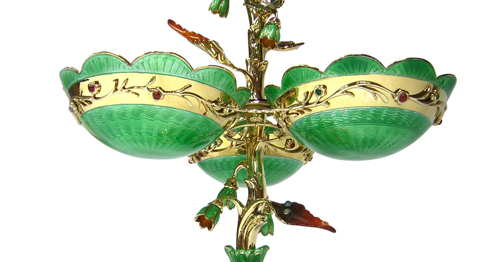 Handcrafted gold bowls with translucent green hot enamel and gemstone accents from Royal Bouquet centerpiece