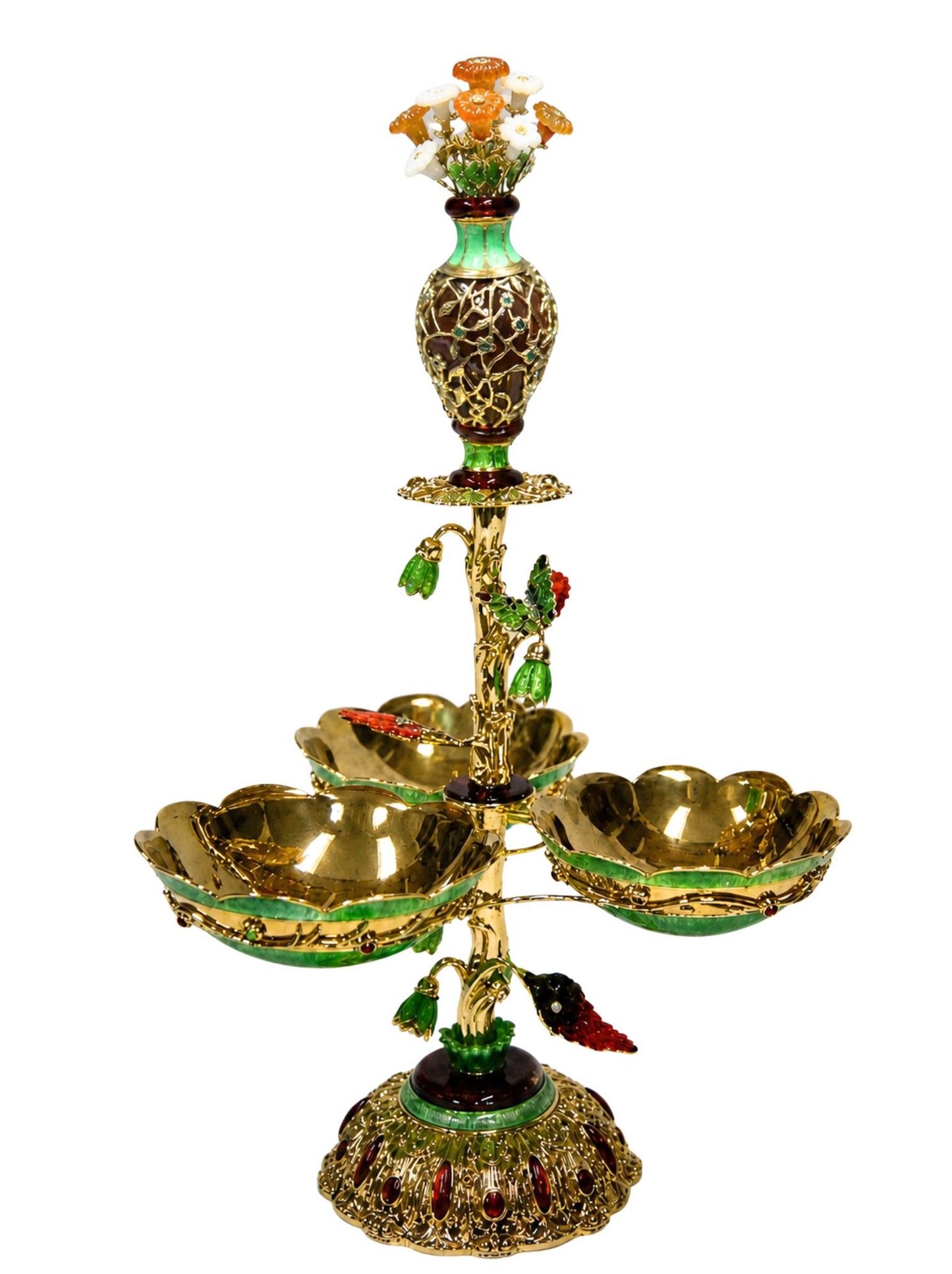 Royal Bouquet monumental gold centerpiece with enamel bowls, carved gemstone flowers, emerald lattice vase, and butterfly detail by Konforti atelier