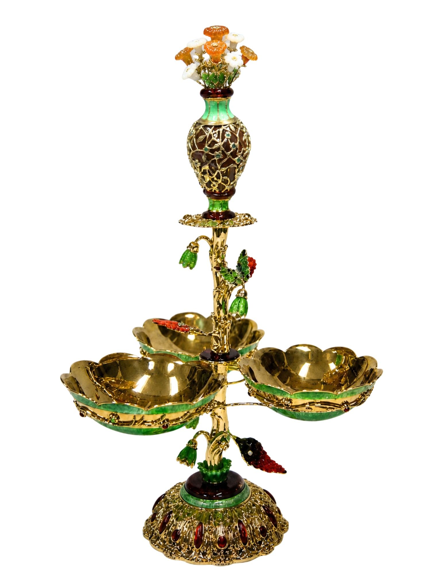 Royal Bouquet monumental gold centerpiece with enamel bowls, carved gemstone flowers, emerald lattice vase, and butterfly detail by Konforti atelier