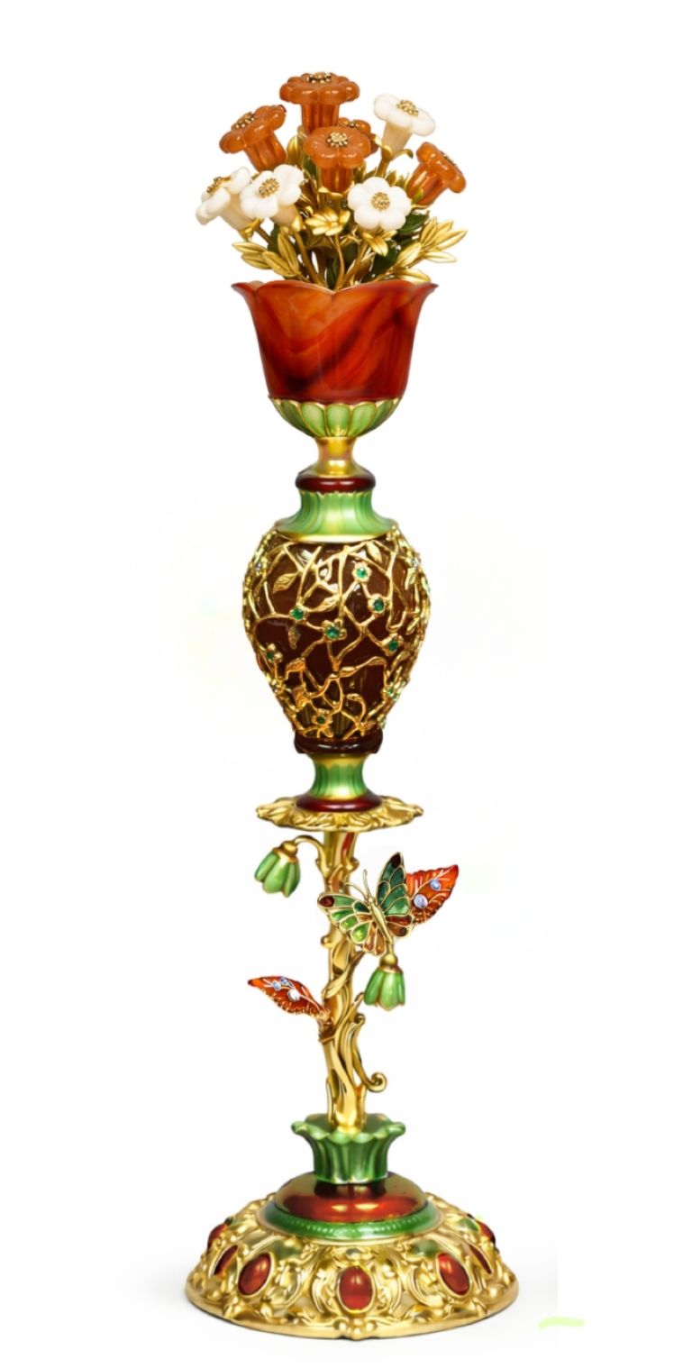 Single Royal Bouquet monumental candlestick handcrafted in 18K gold with hand-carved agate and white jade flowers set with sapphires, green jade leaves, diamond-set stem flowers, and translucent enamel butterfly.