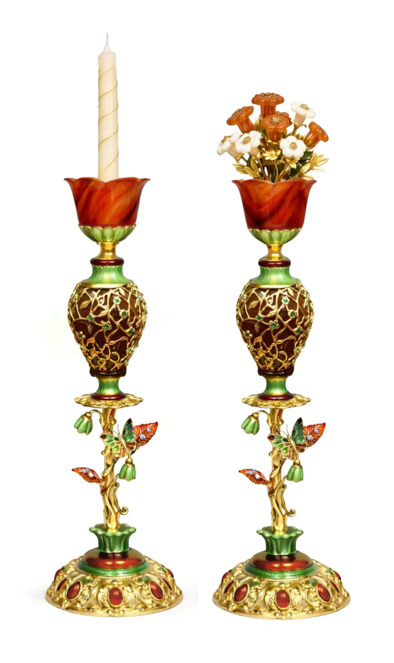 Pair of Royal Bouquet handcrafted 18K gold candlesticks with red agate vessels, hot enamel decoration, carved gemstone bouquet, emerald-set openwork lattice, and carnelian-set bases on white background.