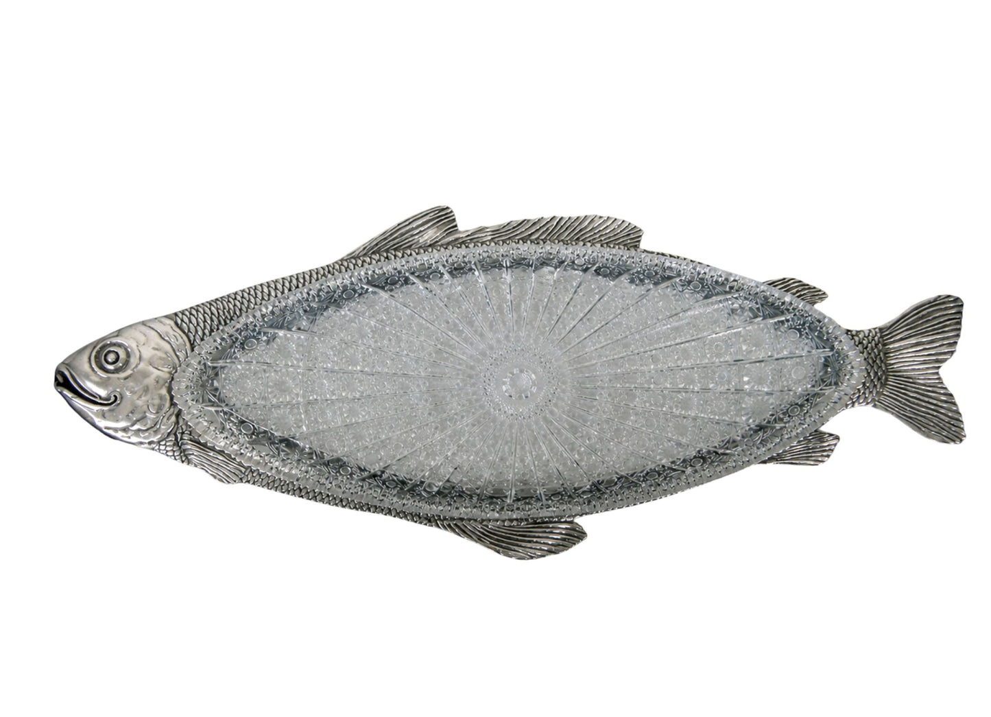 Handcrafted sterling silver carp fish serving dish with cut crystal tray, full view, luxury sculptural centerpiece by Konforti atelier