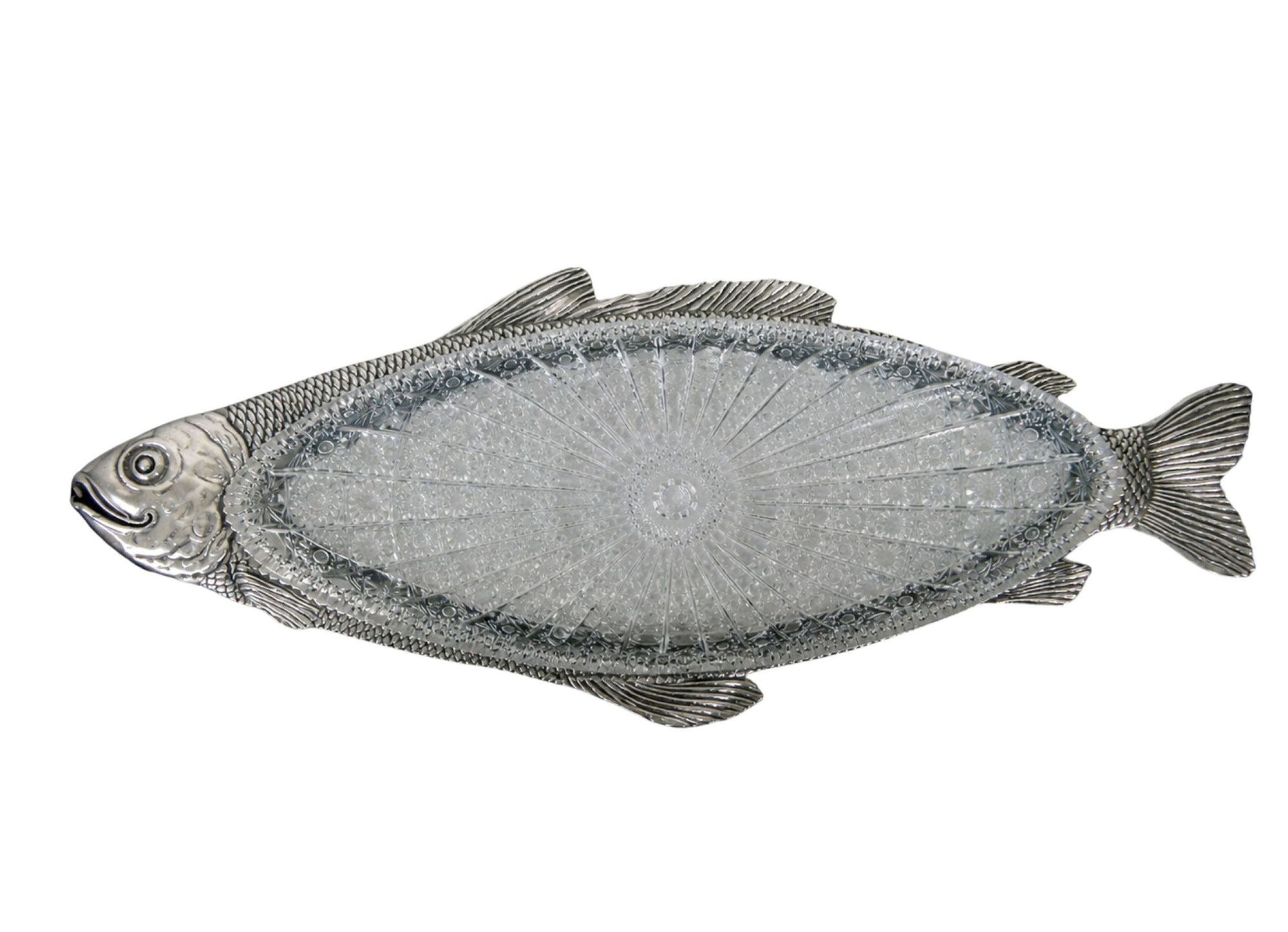 Handcrafted sterling silver carp fish serving dish with cut crystal tray, full view, luxury sculptural centerpiece by Konforti atelier