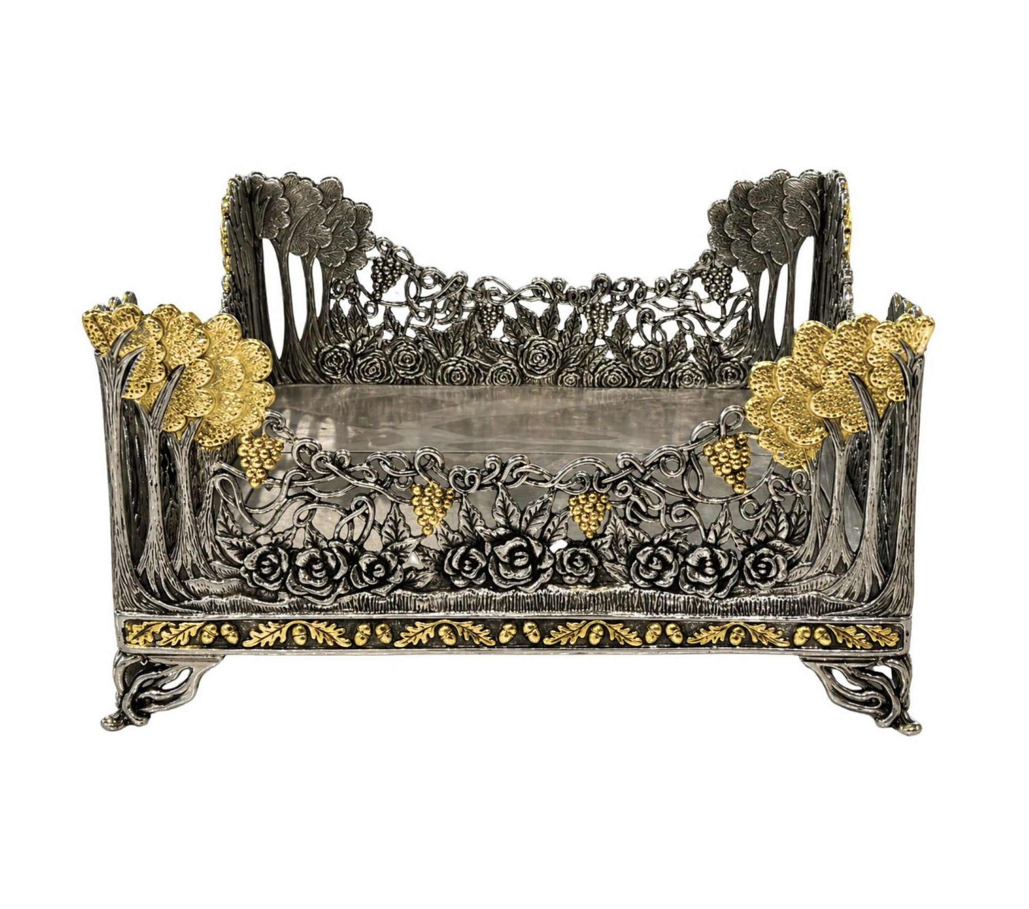 Royal Garden handcrafted sterling silver napkin holder with 18K gold gilded flowers, grapevines, roses, and Art Nouveau botanical openwork design by Konforti.