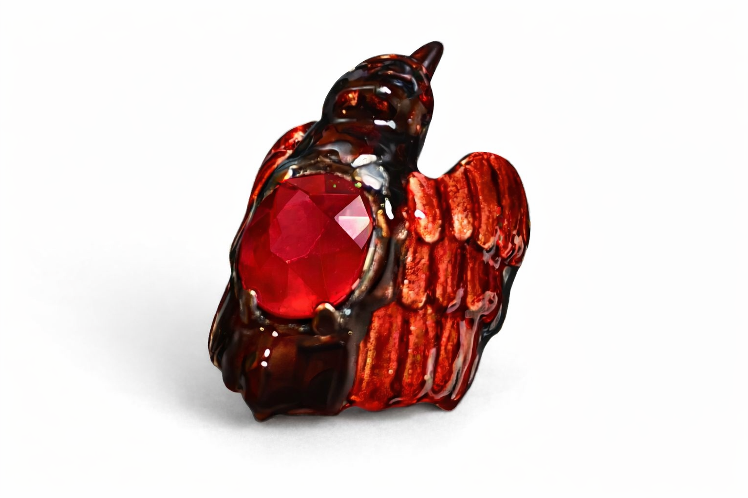 Royal Raven ring handcrafted in 960 silver with 8.45ct treated ruby, hot enamel Limoges painting and 24k gold accents by Konforti Jewelry