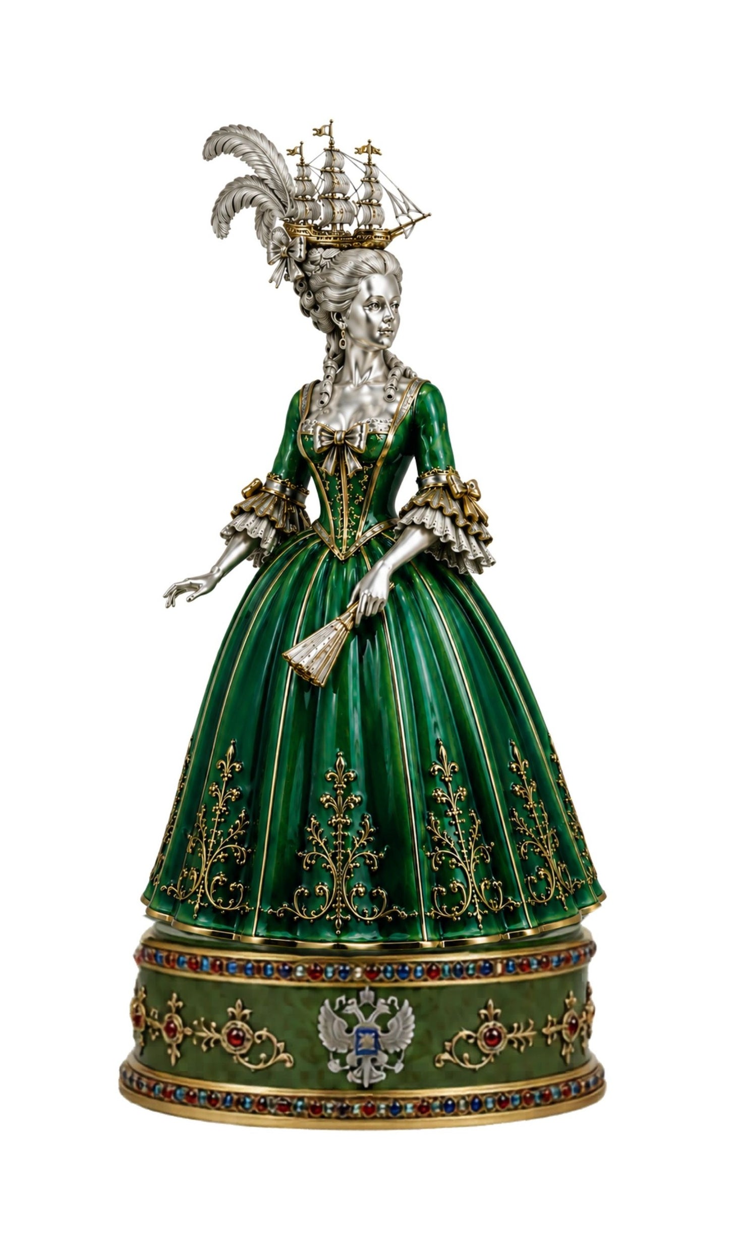 Russian aristocratic ballroom lady chess piece in silver, green enamel and gold, inspired by the grand court of Catherine the Great