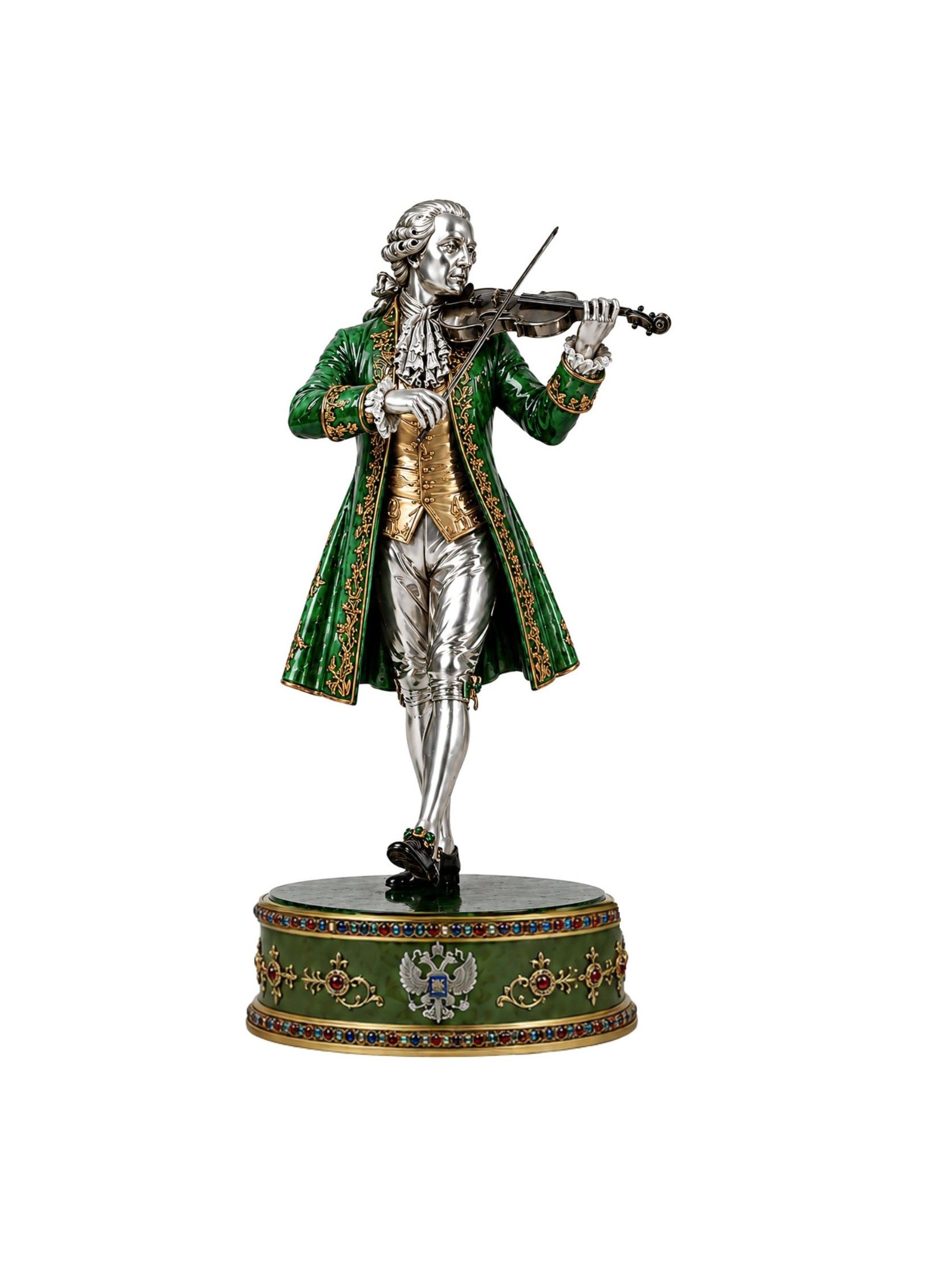 Russian court violinist chess piece in silver, green enamel and gold, inspired by eighteenth-century imperial ballroom musicians