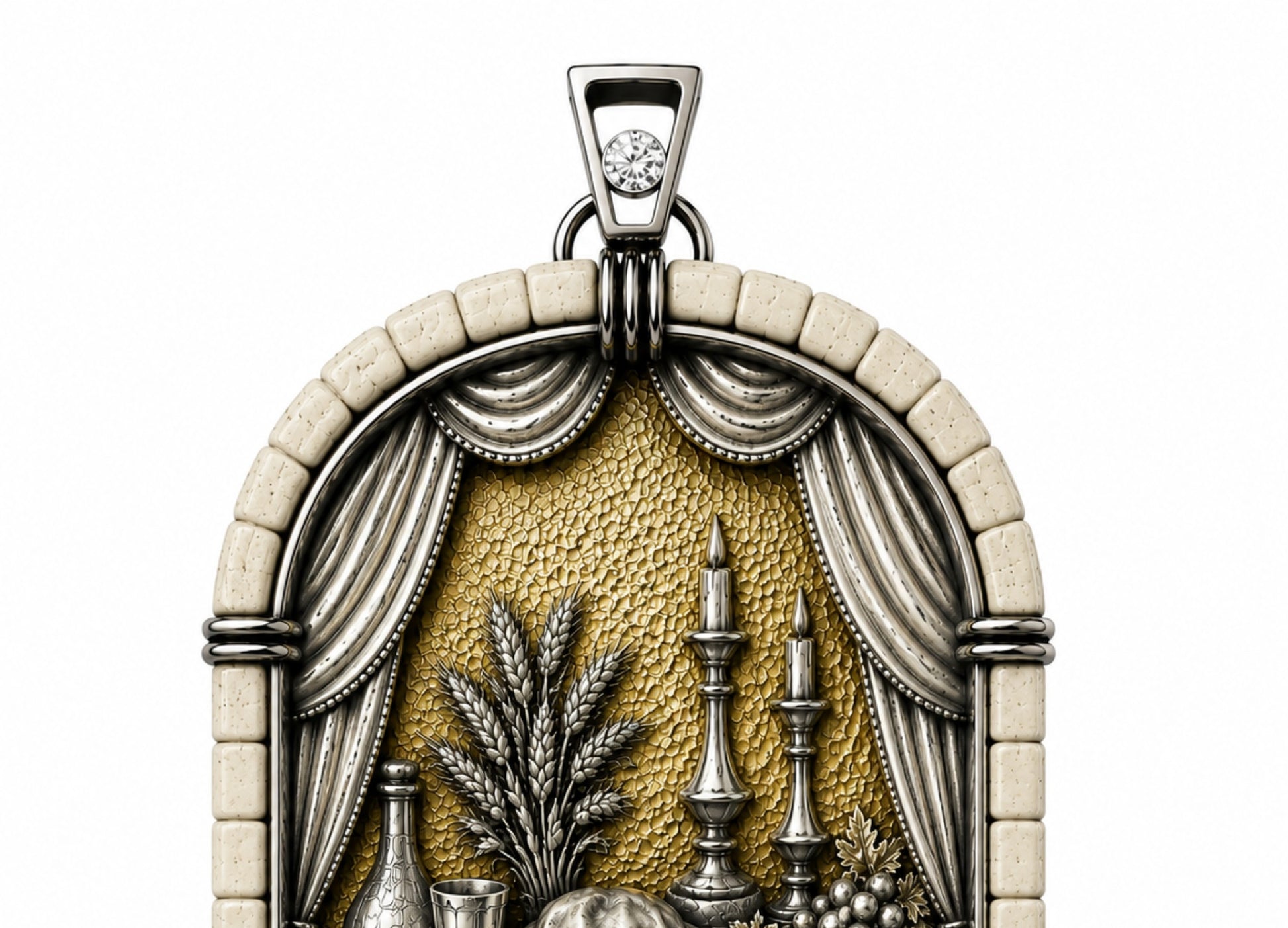 Close-up detail of Sabbath candles and wheat sheaves sculpted in sterling silver within the Seventh Day of Creation pendant.