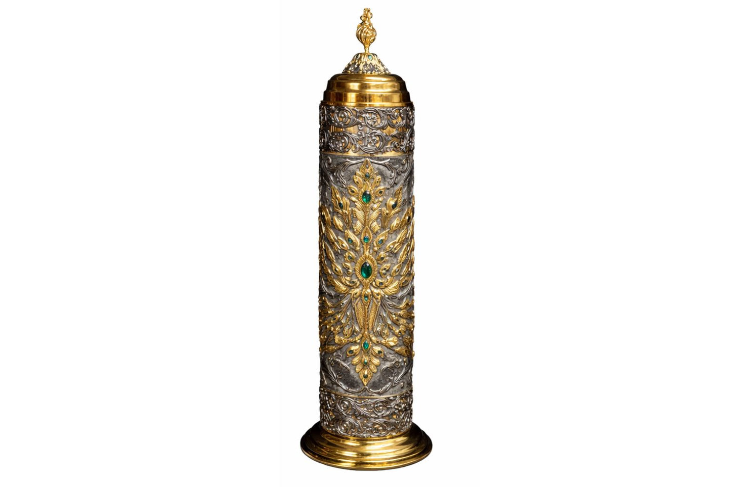 Ornamental silver and gold relief on the back of a ceremonial Scroll of Esther case