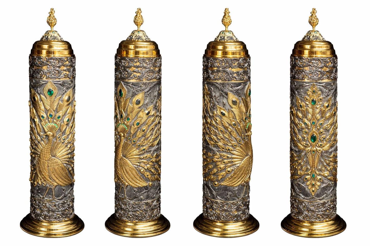 Multiple views of a peacock-inspired Scroll of Esther case in sterling silver and gol