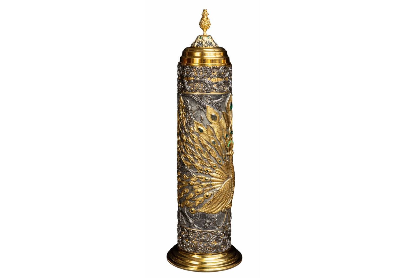 Detailed peacock feather relief on a sterling silver and gold Scroll of Esther case