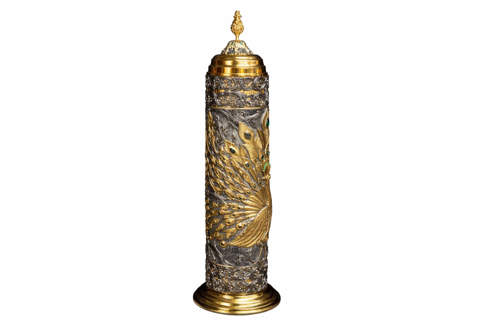 Detailed peacock feather relief on a sterling silver and gold Scroll of Esther case