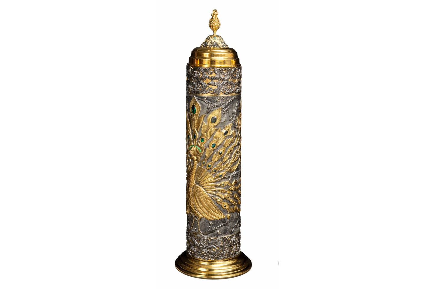 Peacock-inspired Scroll of Esther case in sterling silver and 24K gold plating