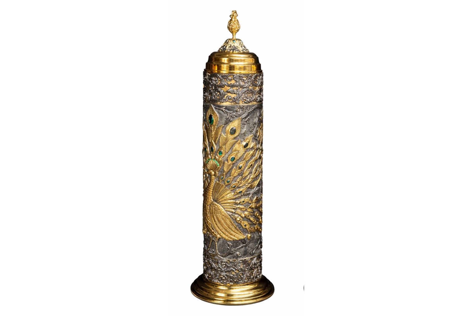 Peacock-inspired Scroll of Esther case in sterling silver and 24K gold plating